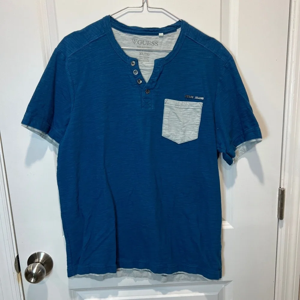 Guess Mens Henley Shirt Slub Knit Pocket Blue XL - Picture 1 of 8